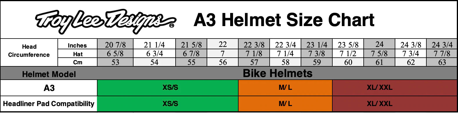  Troy Lee Designs A3 Size Chart